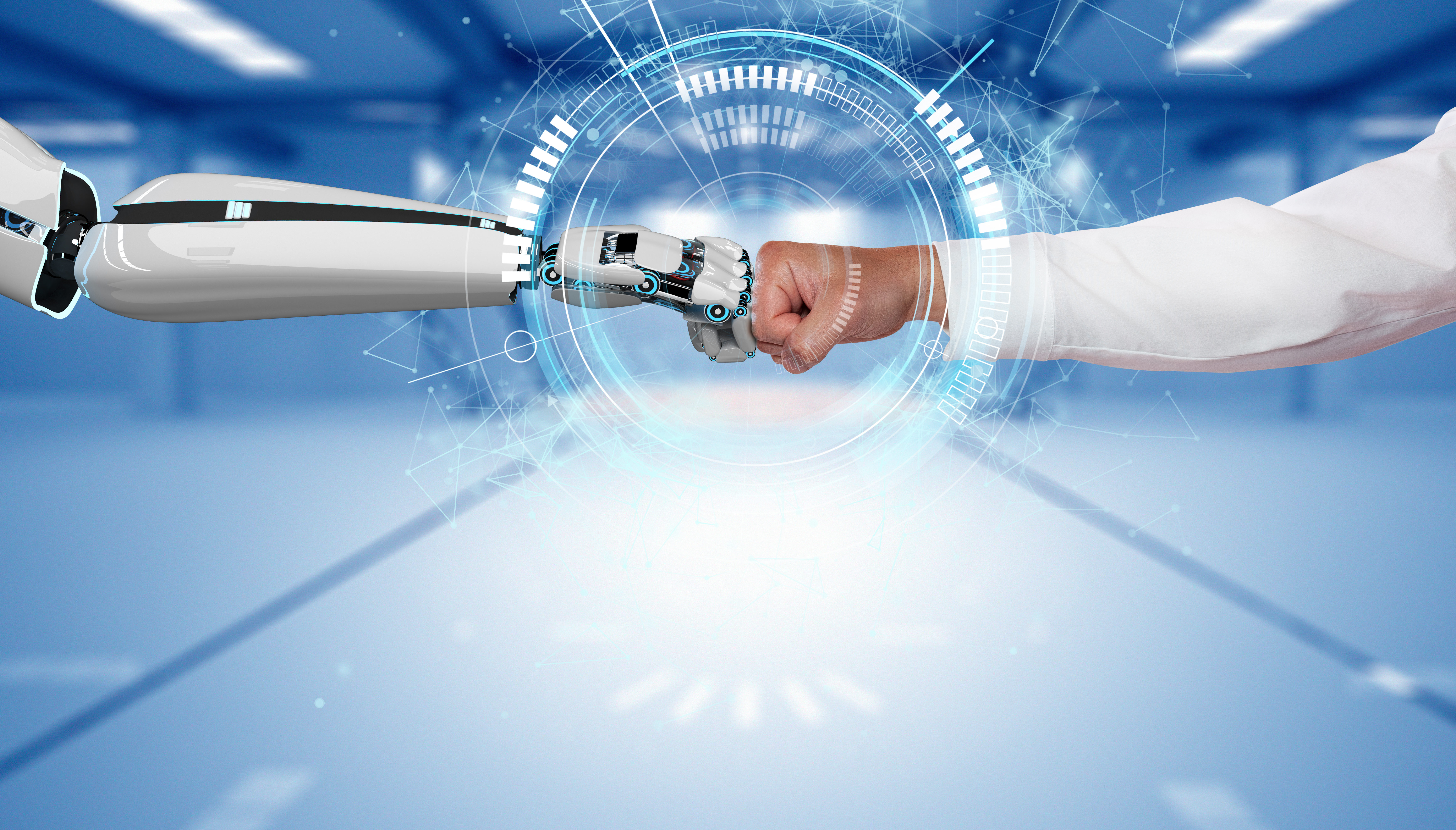 Moderne MES-Architektur für Industrie 4.0 Aufgaben A robot hand and a human hand touch each other via the HUD display. 3d illustration.